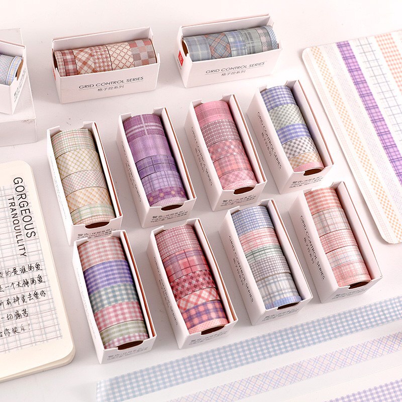 Hộp washi tape/ băng dính 6 cuộn vintage họa tiết caro