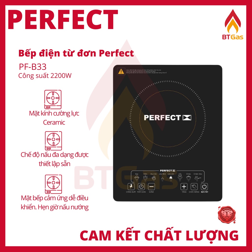 Bếp điện từ đơn công suất 2200W, bếp từ cảm ứng mặt kính chịu lực siêu bền Perfect PF-B33