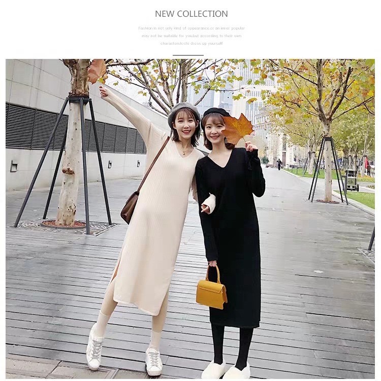 [Yến Trần] Đầm - Váy Suông Dài Tay, Cổ Tim Xẻ Tà Chất Len Gân Chuẩn, Hàng Bán Shop