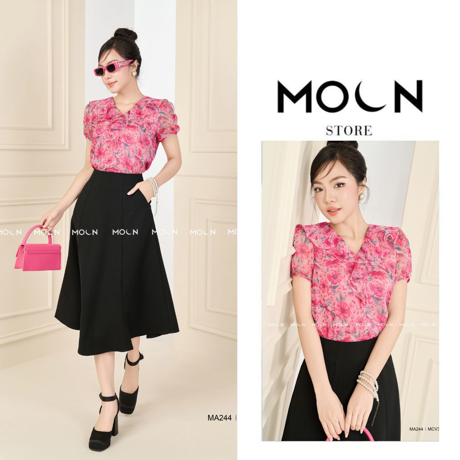 Áo sơ mi nữ mix chân váy công sở, chân váy xòe chất chéo lì MCV387 mix áo dáng ngắn chất đũi tơ MA243 sang chảnh Moon