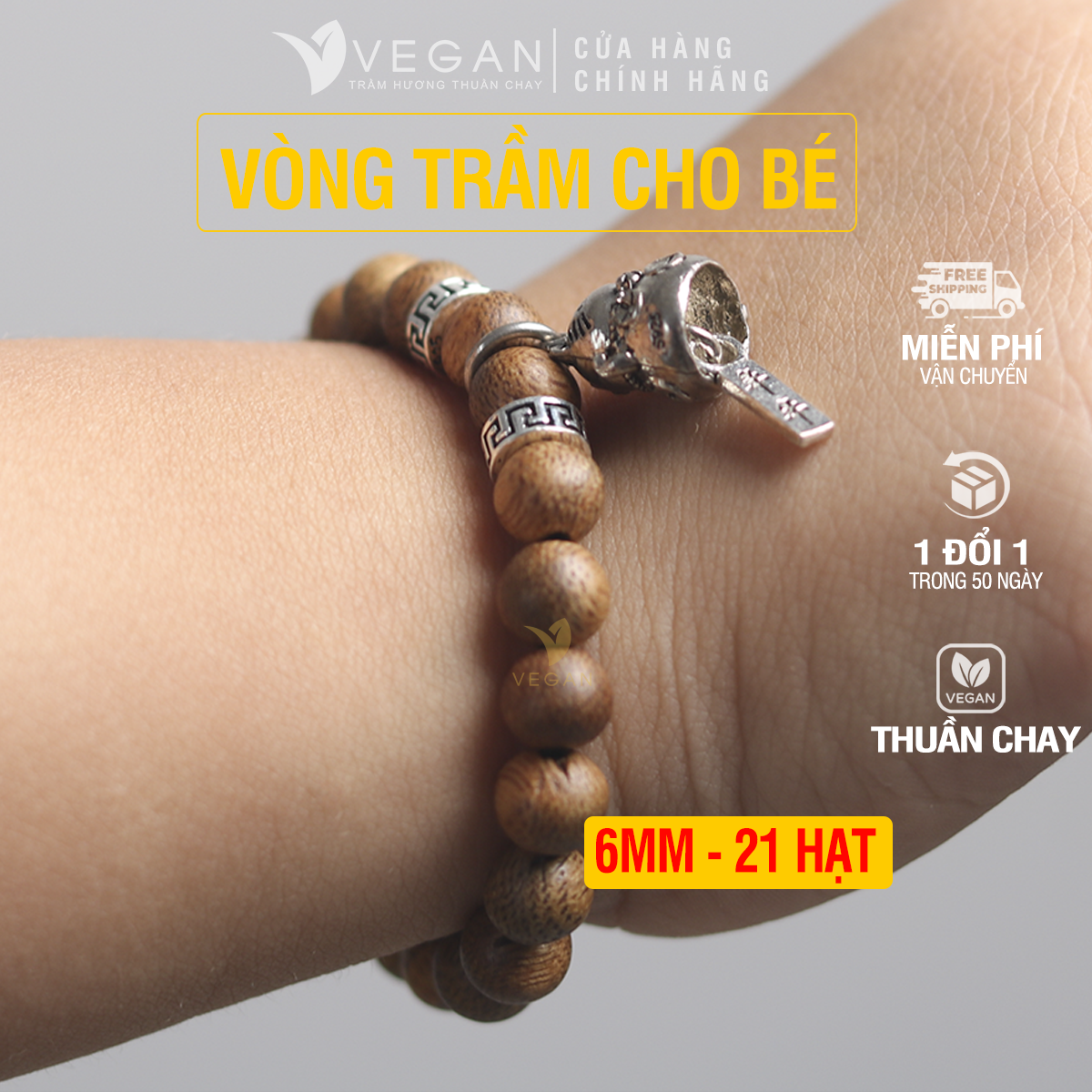 Vòng tay VEGAN Trầm Hương tốc kiến cao cấp 6mm 21 hạt cho bé