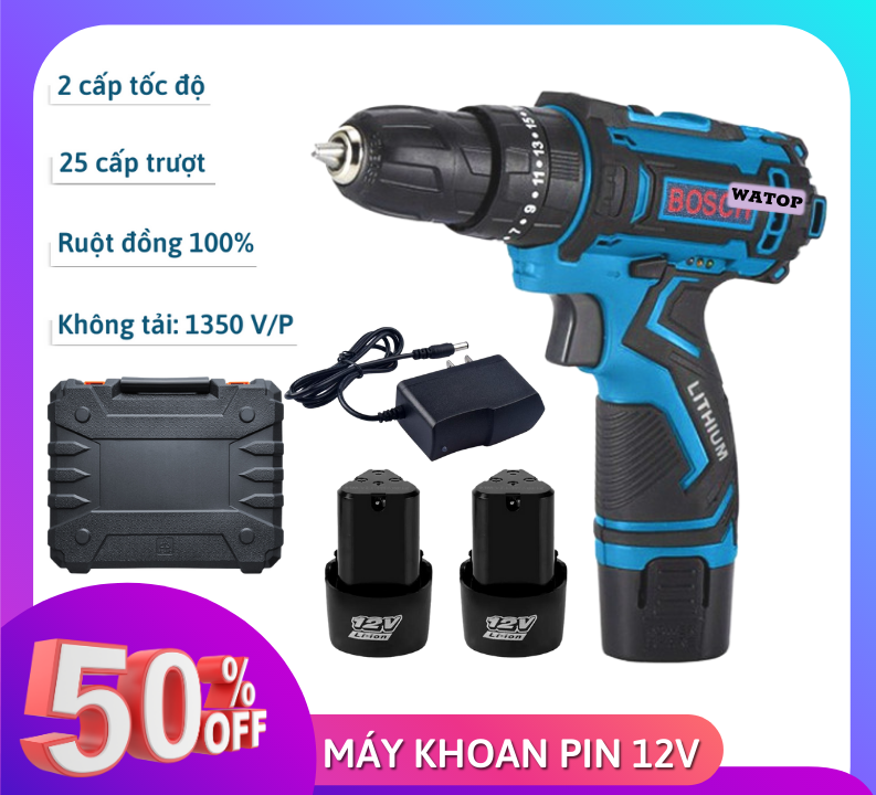 máy khoan pin 12v BOSH 2 PIN Khoan bắn vit không dây dùng pin máy khoan bắn vit 12V, 2 Pin, 2 cấp tốc độ
