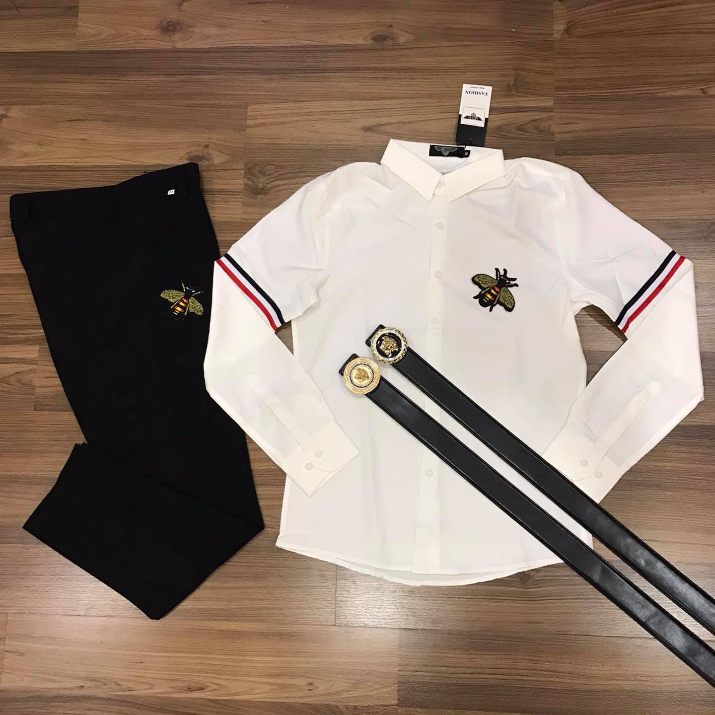 Bộ quần tây áo sơ mi nam thêu logo mix sọc tay form slim mặc cực tôn dáng cam kết ảnh thật 100%