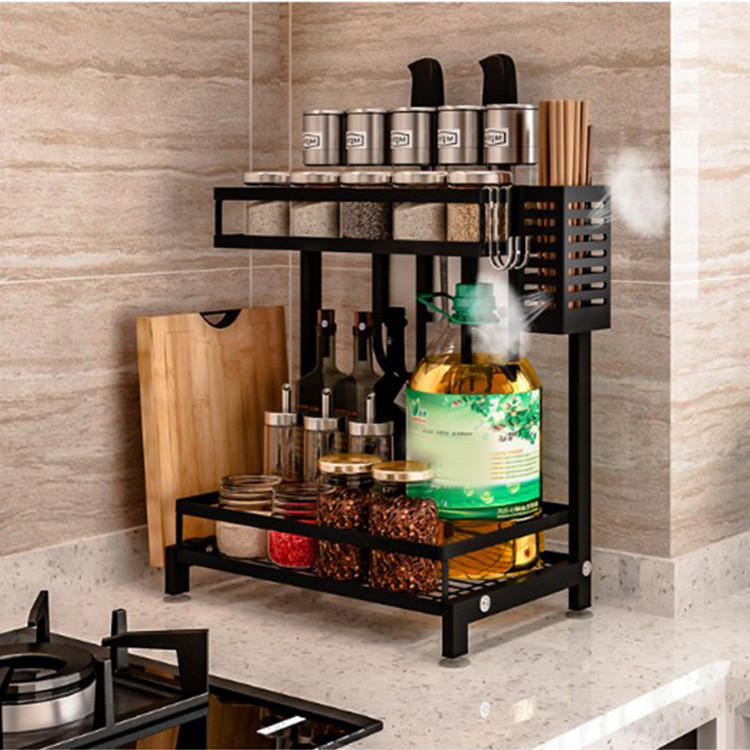 Kệ gia vị 2 tầng bằng sắt sơn tĩnh điện chịu lực siêu bền kèm ống đũa thìa và khay đựng dao thớt 3 in 1