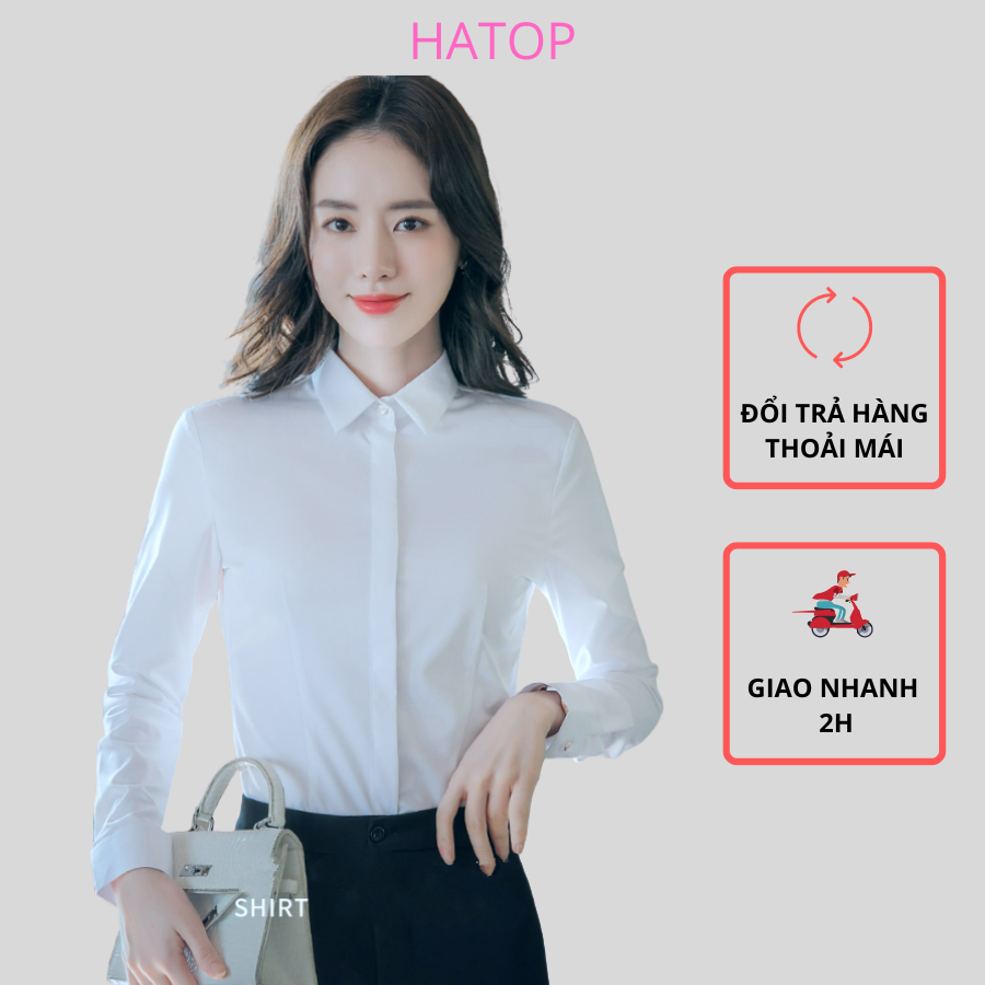 Áo sơ mi nữ tay dài giấu nút hatop cao cấp vải cotton lᴏại 1 màu trắng asdt216