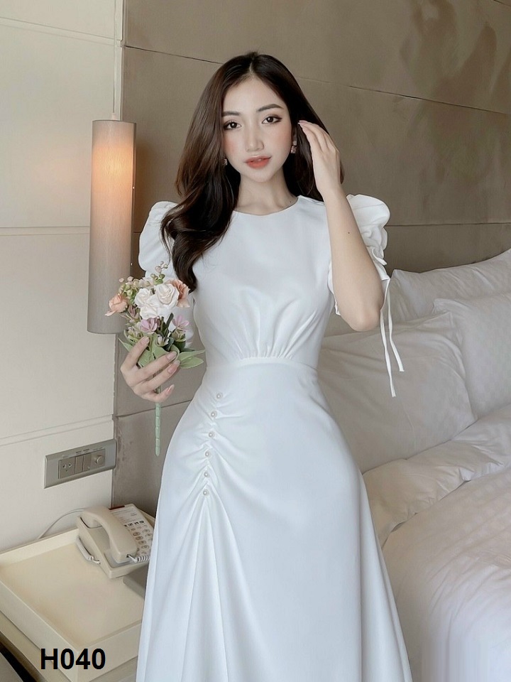 Đầm tiểu thư cổ tròn tay phồng thắt nơ tùng xòe đính ngọc punmax h040