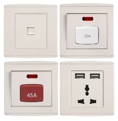 Công tắc ổ cắm Uten V4 màu trắng mặt vuông - Ổ mạng, ổ cắm usb, công tắc 20A, công tắc 45A