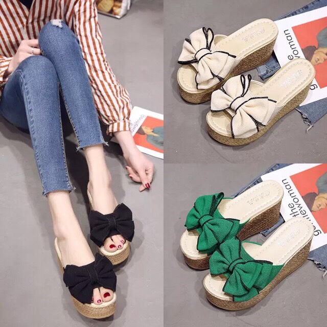 Dép đế xuồng quai nơ đế cao 10 cm nâng dáng
