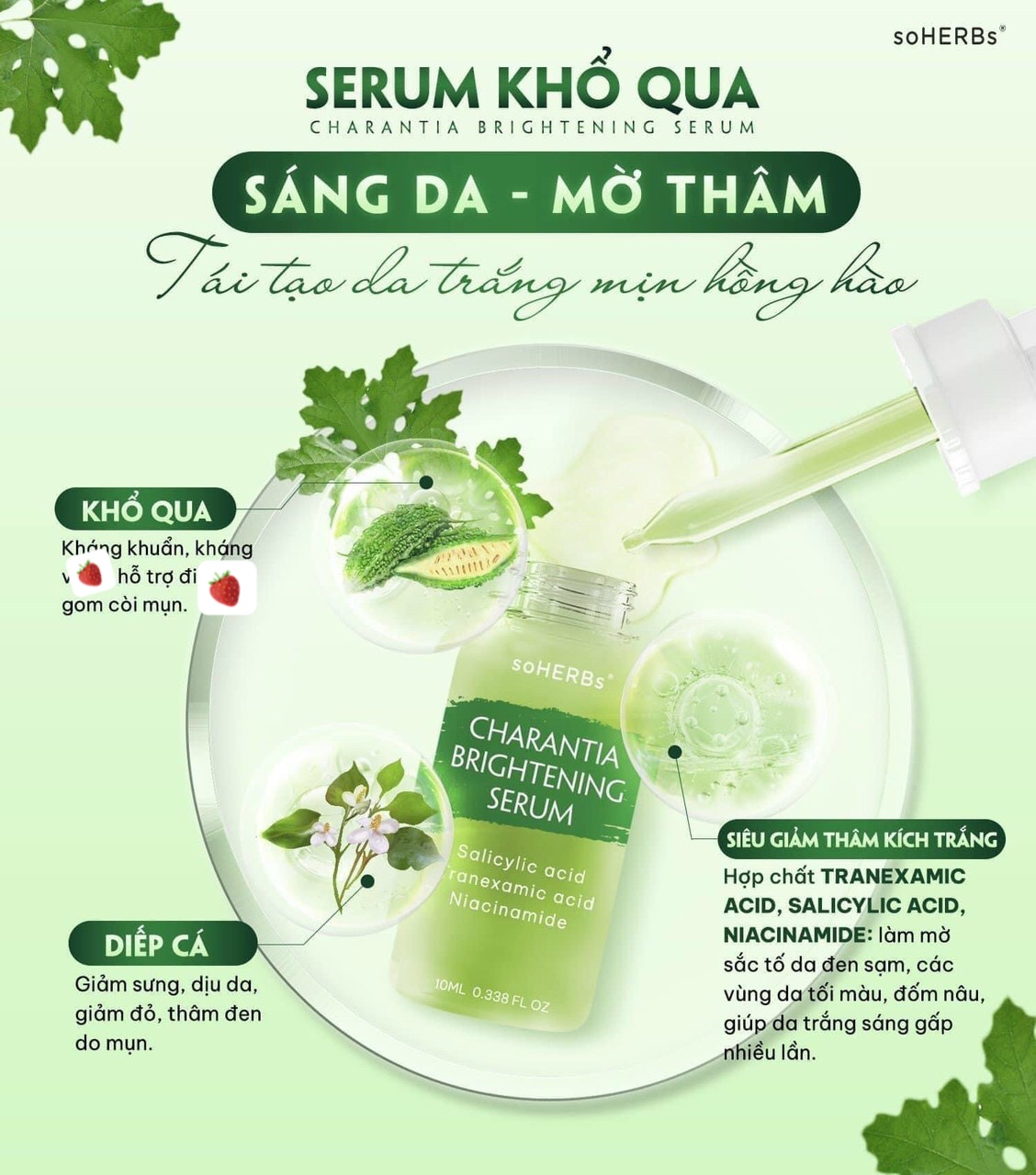 Serum khổ qua soherbs - tinh chất khổ qua mờ thâm - trắng da phục hồi da sau mụn 10ml