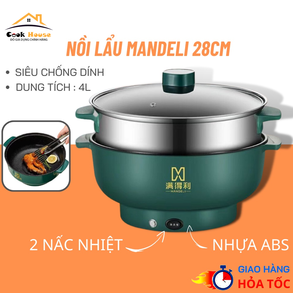Nồi lẩu điện mini 28cm siêu chống dính tích hợp chức năng chiên, xào, nấu canh tặng kèm giá hấp inox thích hợp từ 6 người ăn nồi lẩu điện đa năng lẩu điện đa năng nồi điện mini nồi điện đa năng