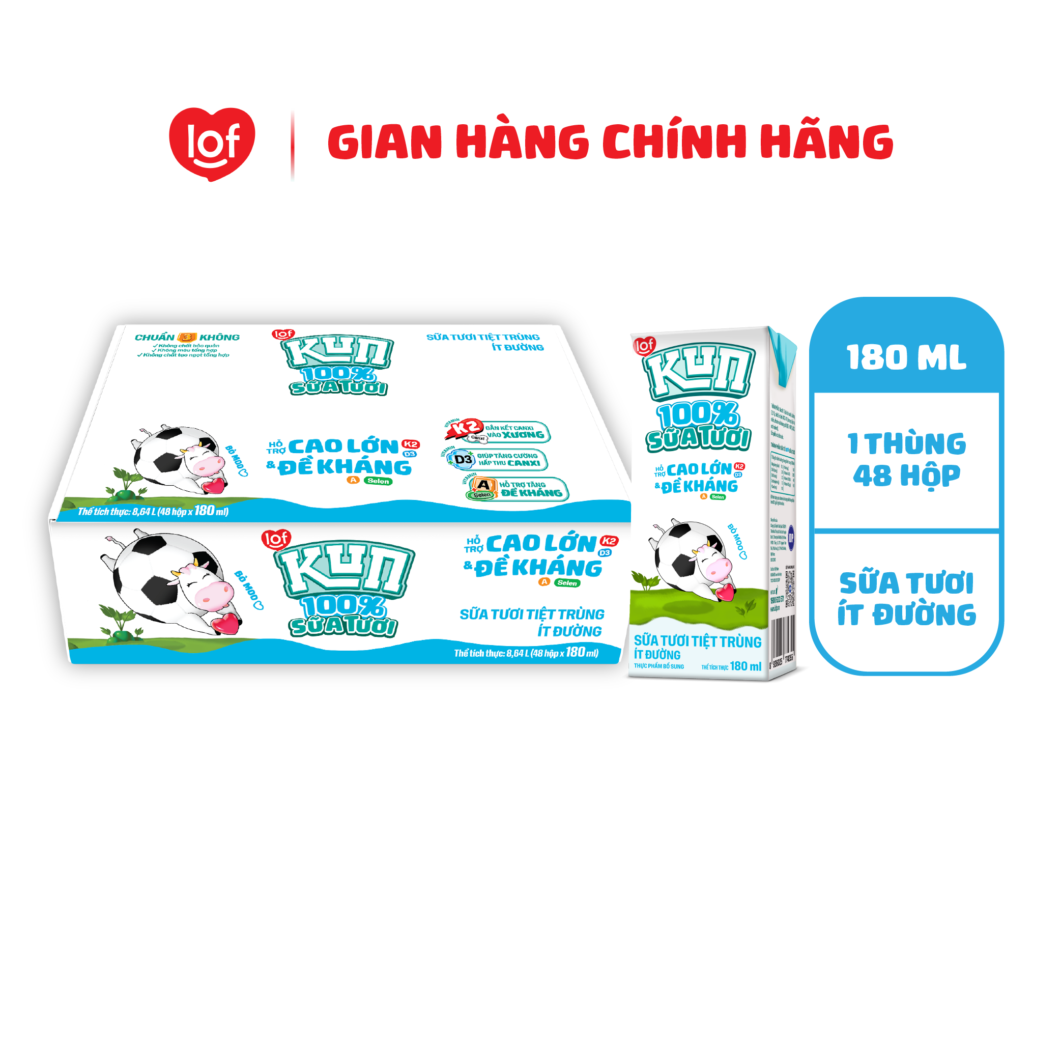 KUN 100% Sữa tươi ít đường thùng 48 hộp x 180ml
