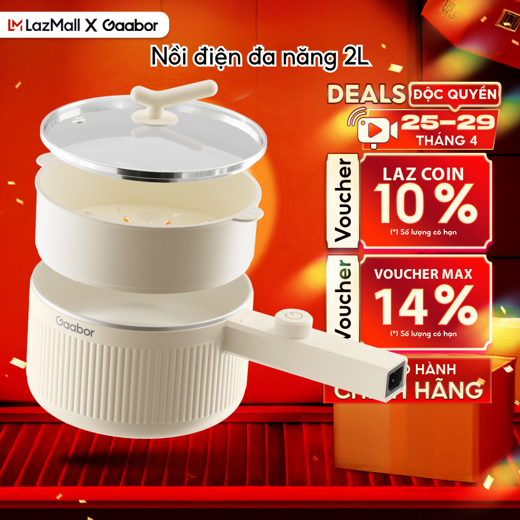 Nồi điện đa năng 2L công suất 600W Gaabor EC-20E01B, 2 mức nhiệt phủ lớp chống dính kèm xửng hấp - Bảo hành 12 tháng 1 đổi 1