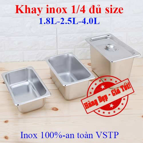Khay inox chữ nhật có nắp đựng thực phẩm topping GN 1/4 đủ size