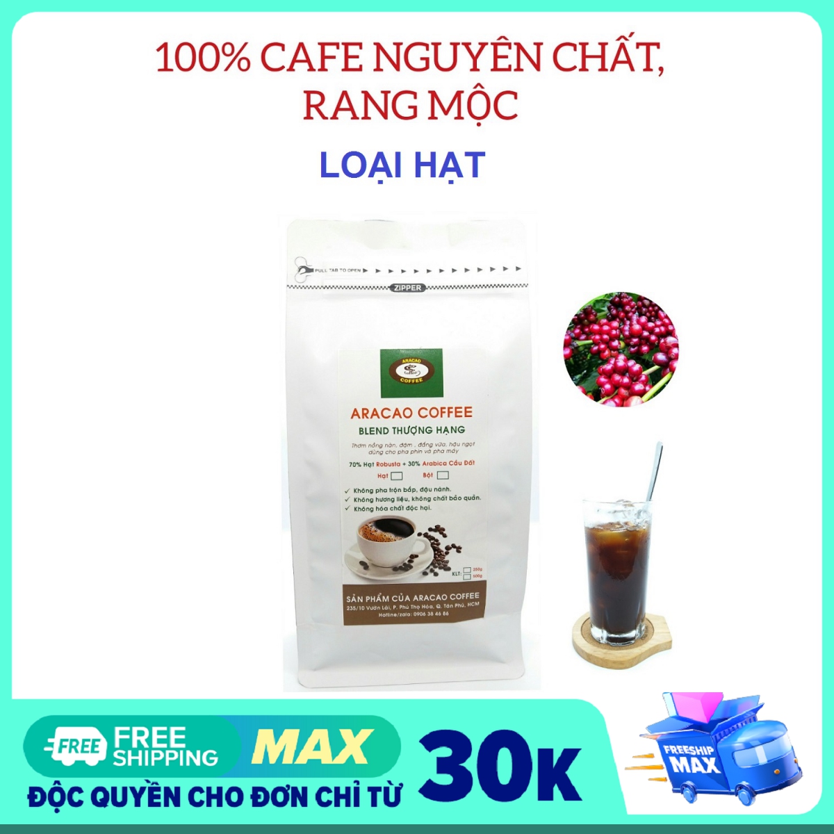 Cà phê rang xay BLEND THƯỢNG HẠNG- ARACAO COFFEE- thơm nồng nàn đậm đà hậu ngọt [ Gói HẠT 500g]