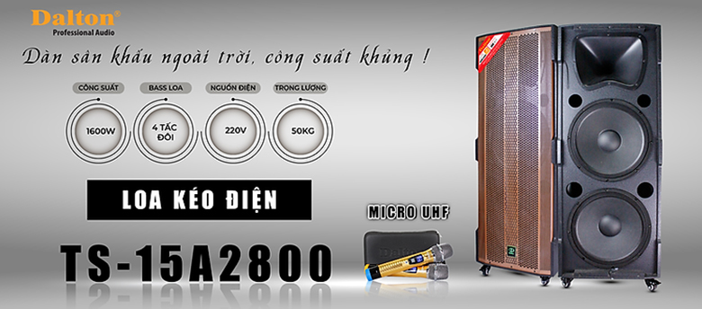 Loa kéo Dalton TS-15A2800 Karaoke Bluetooth USB 2 micro 1600W Bass 40 đôi