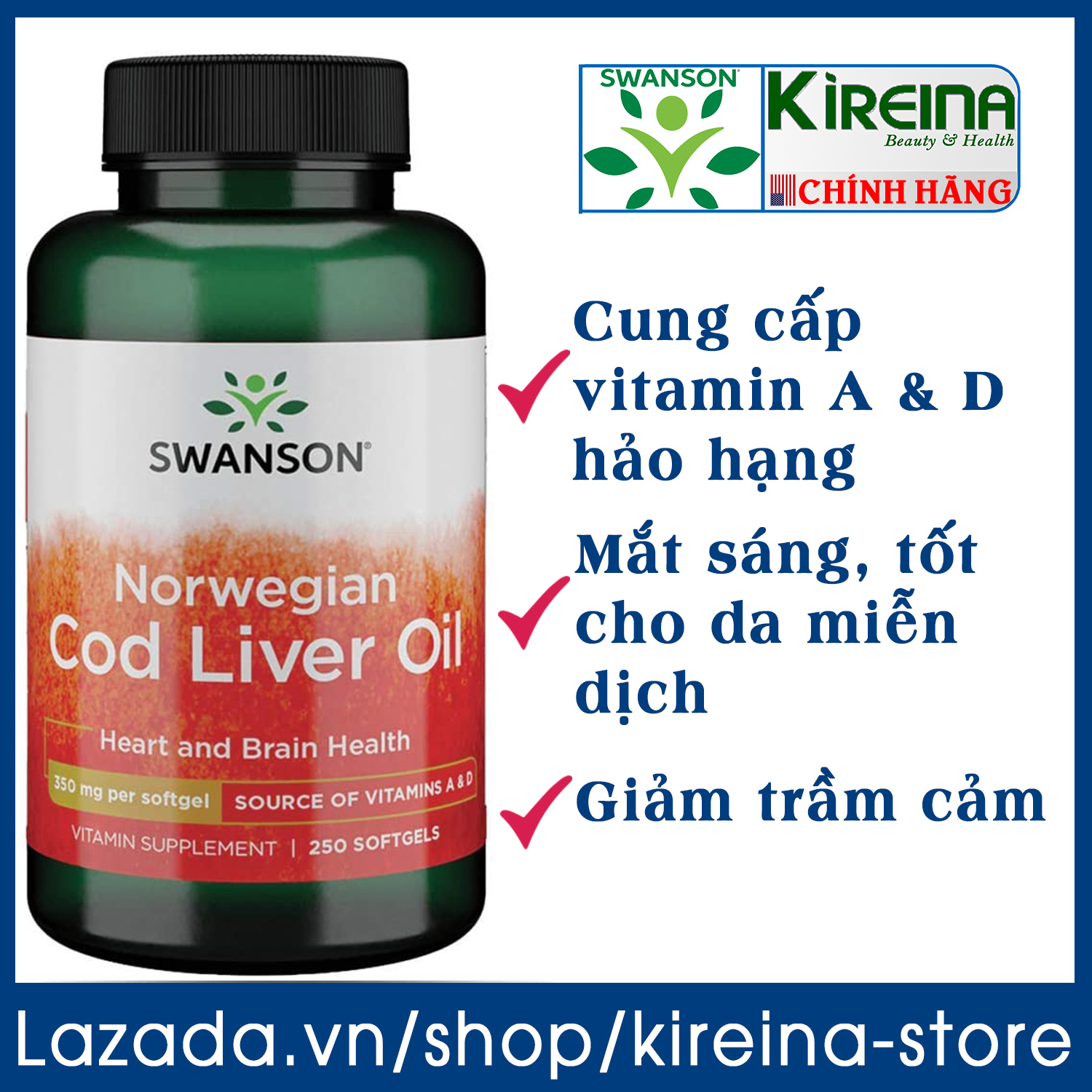 Viên uống dầu gan cá tuyết Na Uy giúp sáng mắt đẹp da Hỗ trợ sức khỏe não tim Swanson Cod Liver Oil 350 mg 250 viên