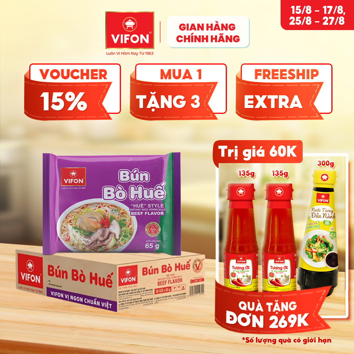 [VOUCHER đến 80K]-Bún Bò Huế VIFON 65gr/Gói