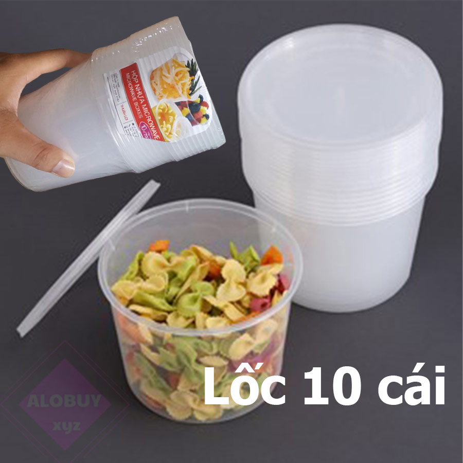 Lốc 10 hộp nhựa đựng thực phẩm tròn có nắp  Microwave trong suốt  trữ đông an toàn- dung tích 350ml 500ml 700ml.