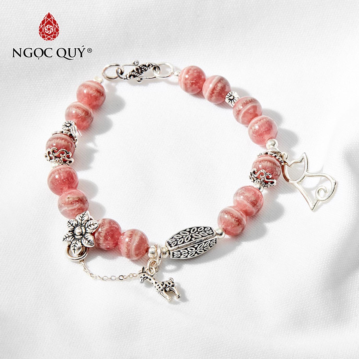 [HCM]Vòng Tay Đá Rhodochrosite Phối Charm Mèo Bạc 7mm Mệnh Hoả Thổ (màu hồng) - Ngọc Quý Gemstones