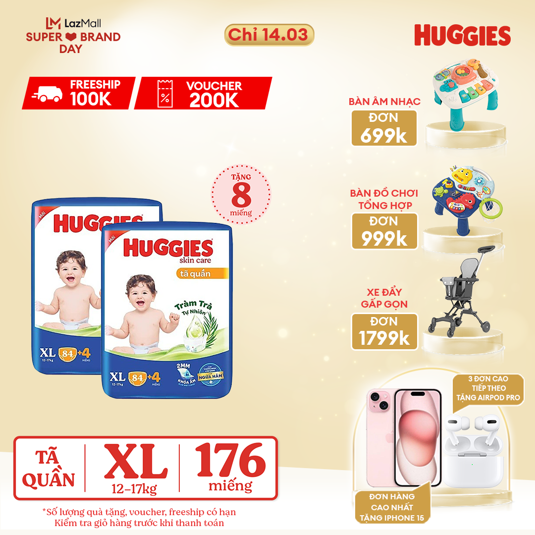 CHỈ 14.3 GIẢM THÊM ĐẾN 120K Combo 2 Gói Tã/bỉm quần HUGGIES SKINCARE MEGA JUMBO size XL844 miếng