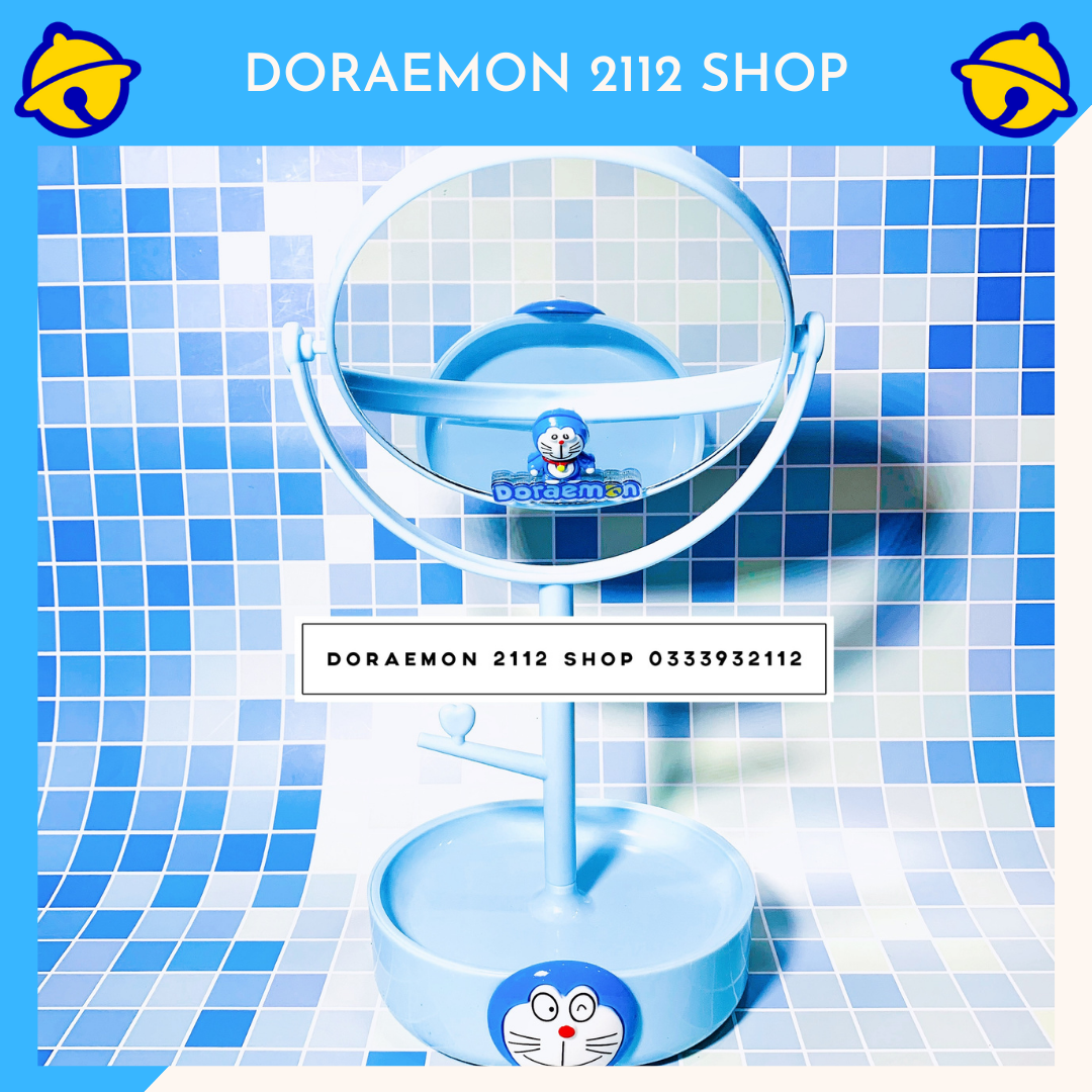 Gương tròn 2 mặt doraemon xoay 360 độ kèm hộp đựng trang sức