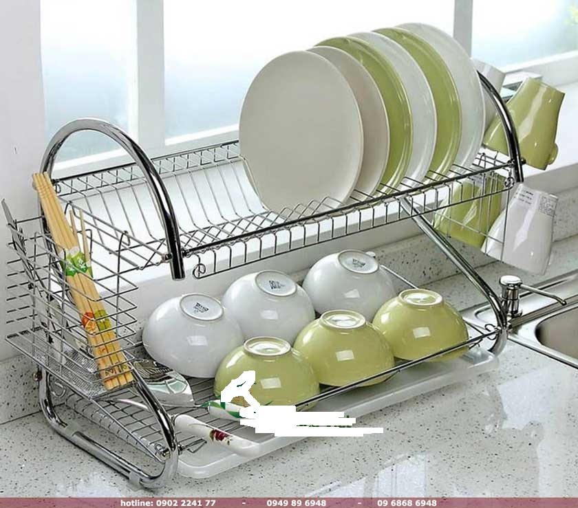 Kệ úp bát 2 tầng inox, có khay hứng