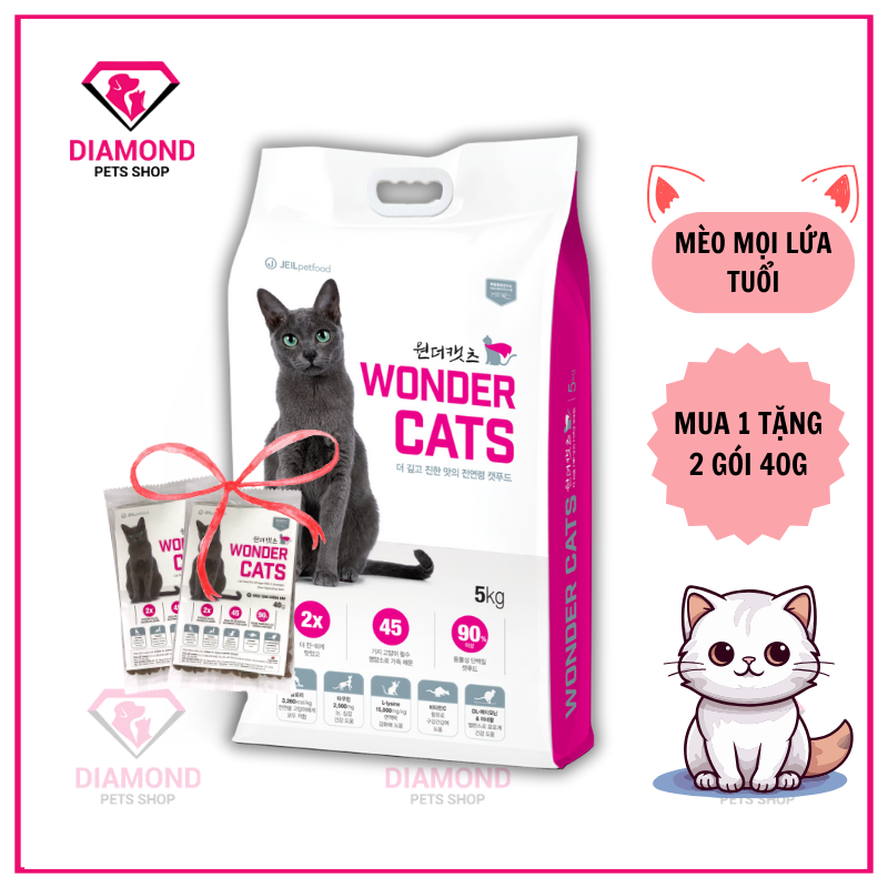 (Mua 1 TẶNG 2 HÀNG MẪU) Thức ăn hạt cho mèo mọi lứa tuổi Wonder Cats Hàn Quốc 5Kg phiên bản mới thơm ngon, dinh dưỡng hơn Catsrang