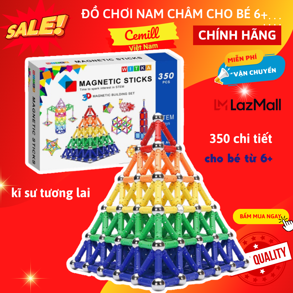 Xếp hình nam châm 350 chi tiết - đồ chơi trí tuệ stem hàng bền đẹp magnetic - hãng cemill