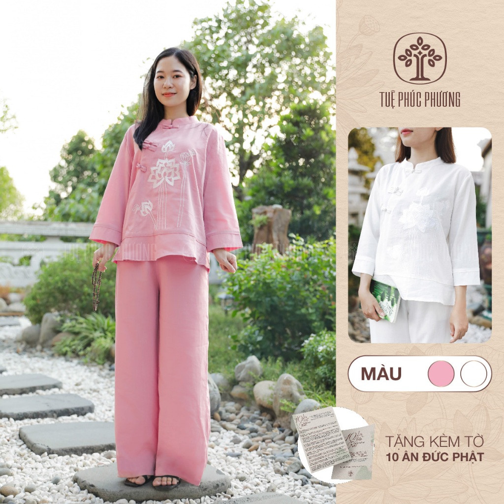 Pháp phục nữ đi chùa cổ tàu thêu hoa senTuệ Phúc Phương