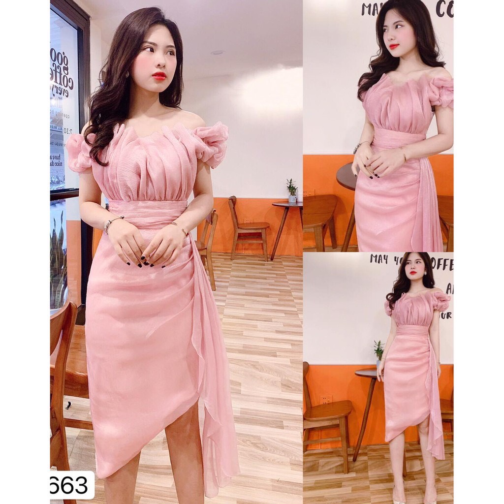 Váy body hồng trễ vai xếp li bèo eo