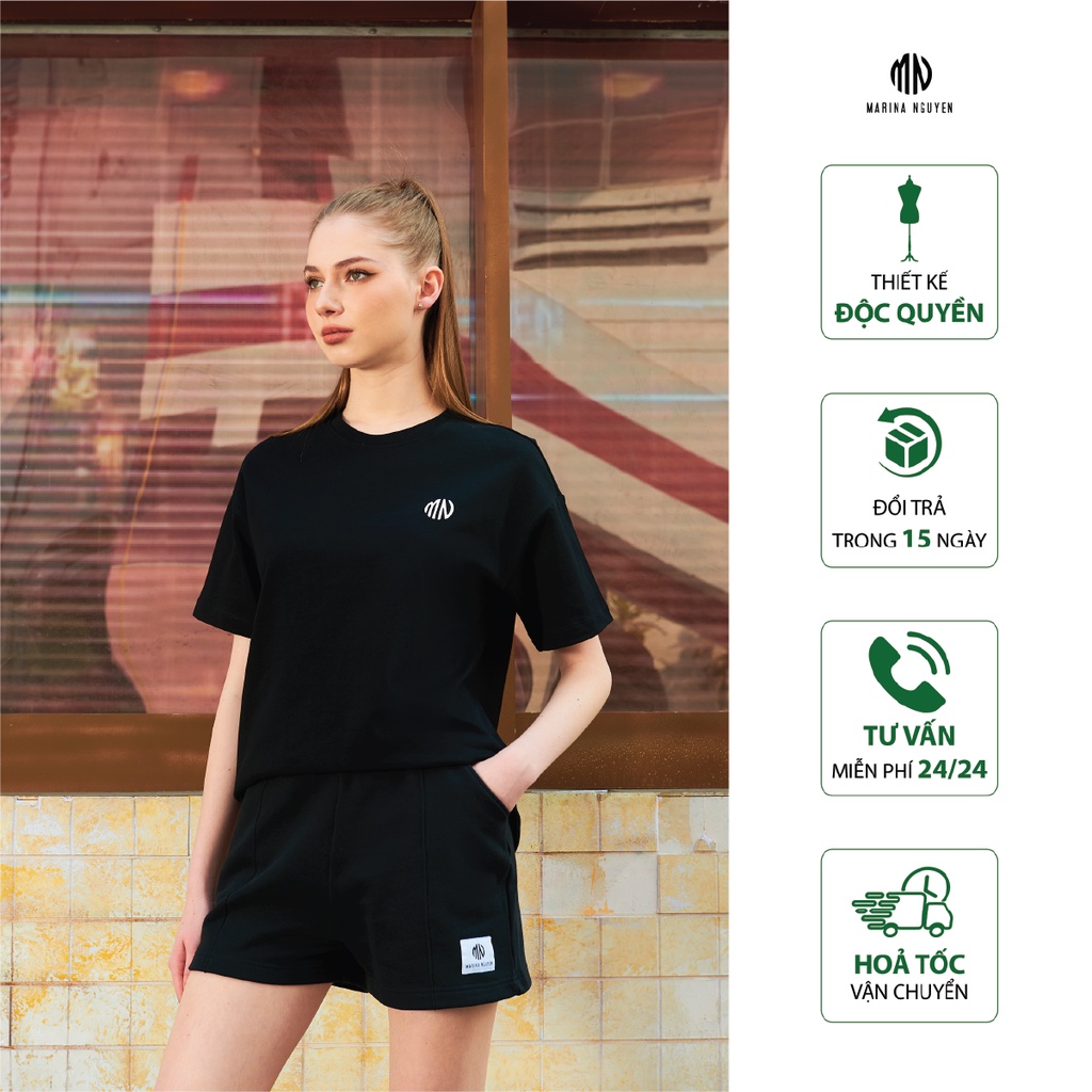 Áo thun unisex cộc tay phông trơn logo ngực- hàng thiết kế maria nguyễn
