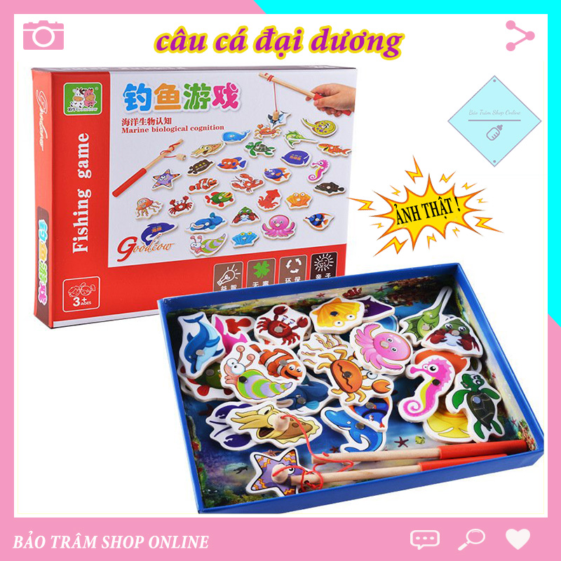 Bộ câu cá nam châm bằng gỗ, 32 con cá gỗ giúp trẻ rèn luyện phản xạ và khéo léo