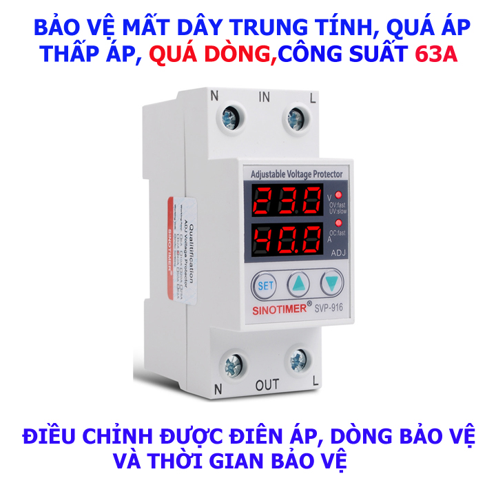 Aptomat bảo vệ quá áp thấp áp quá dòng mất dây trung tính 63A SVP 916