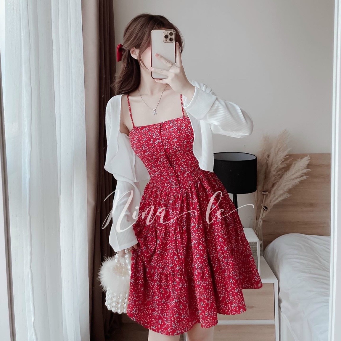 Bộ combo đầm váy nữ họa tiết chấm bi xinh xắn , áo khoác thun gân , váy lụa 2 dây dx