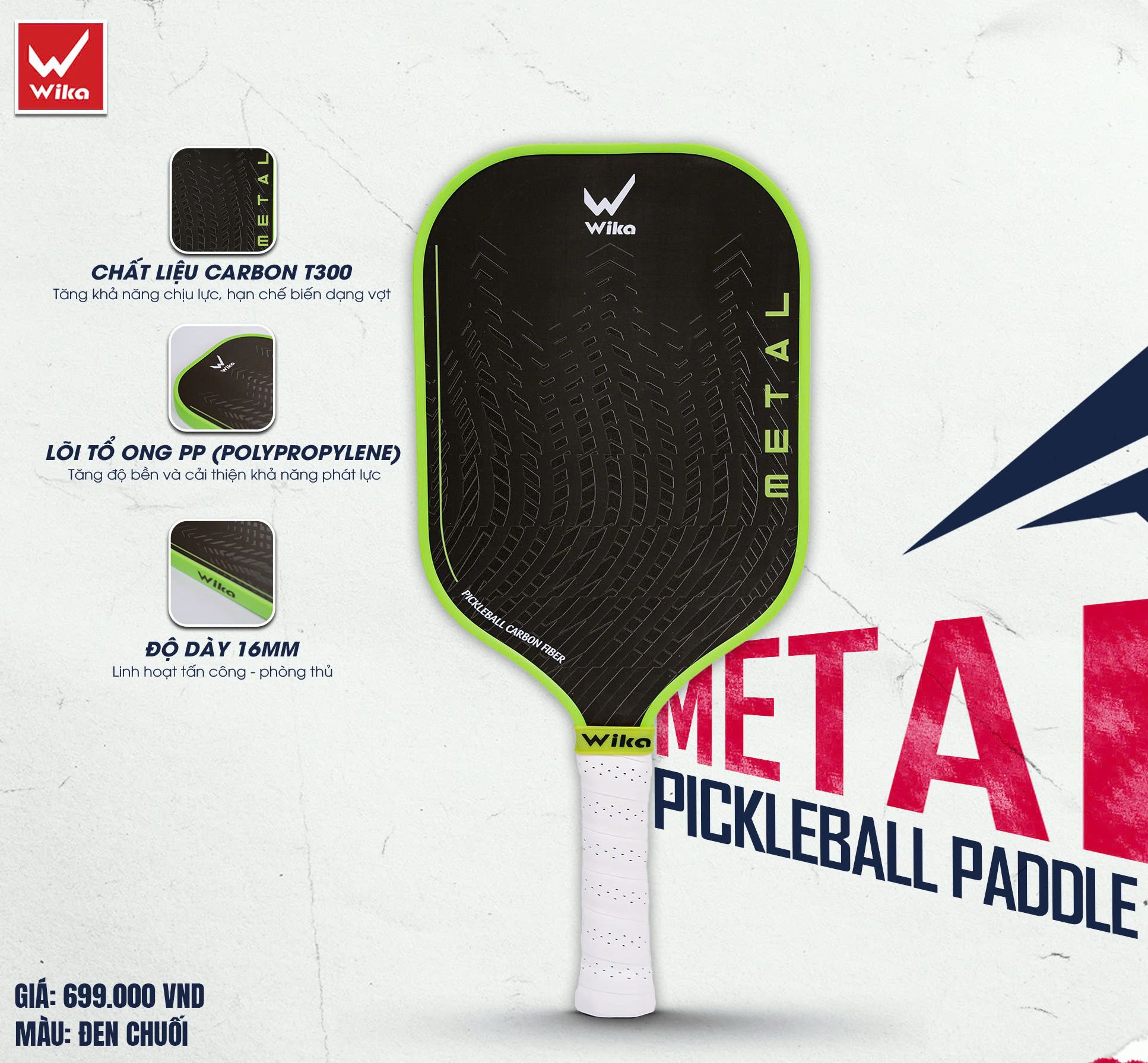 Vợt Wika Pickleball Meta chính hãng, Carbon T300 cao cấp.Trọng lượng chỉ 230 ± 10g siêu nhẹ