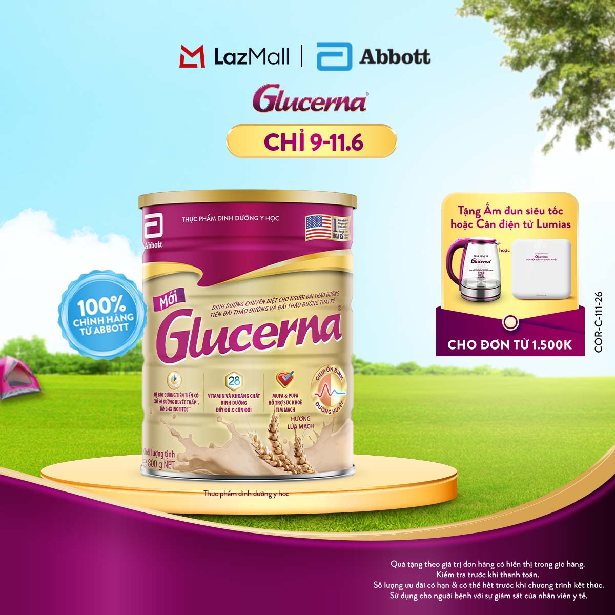 [CHỈ 09-11.06 QUÀ TẶNG CHO ĐH 1500K-SLCH] Sữa bột Glucerna hương lúa mạch 800g