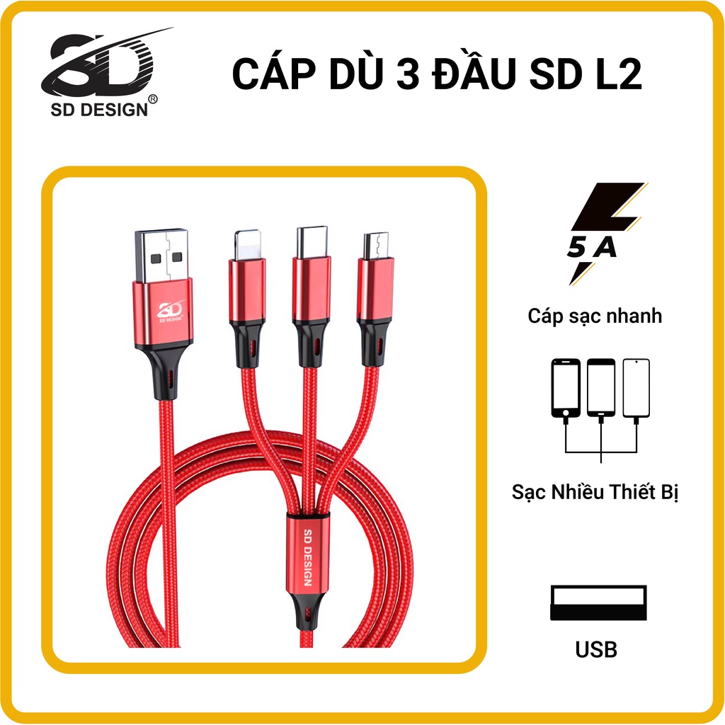 Dây cáp sạc bọc dù 3 đầu cáp sạc bọc dù 3 đầu micro Type C dùng cho tất cả các máy ĐT