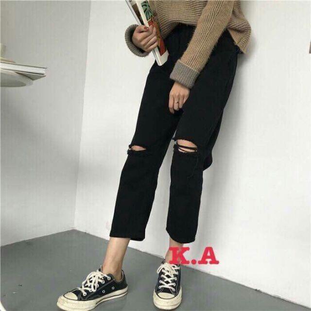 Baggy trơn basic lưng thun rách gối