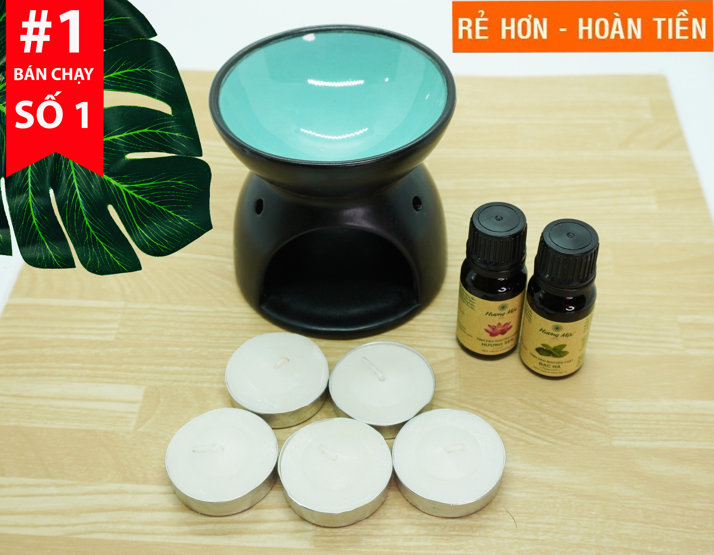Combo 1 đèn xông tinh dầu nến gốm Bát Tràng + 2 tinh dầu Hương Mộc 10ml + 5 nến tealight