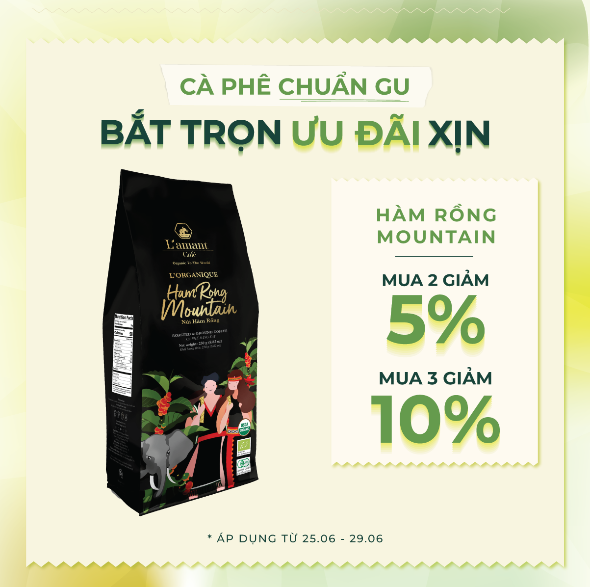 Cà phê hữu cơ nguyên chất L’amant Núi Hàm Rồng - Ham Rong Mountain Organic Coffee
