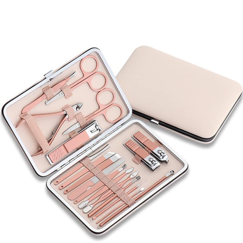 Bộ kìm bấm móng tay, móng chân, kéo cắt tỉa lông mày đa năng 18 chi tiết kèm hộp đựng bằng da màu hồng siêu xinh cho bạn gái - Bo kiem bam mong tay 18 mon loai to sieu xin