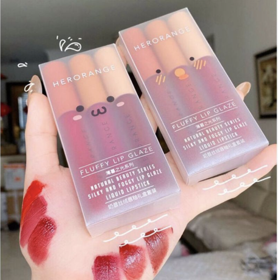 Son nội địa Trung Chính hãng Herorange Set 3 cây son kem lì Fluffy Lip Glaze
