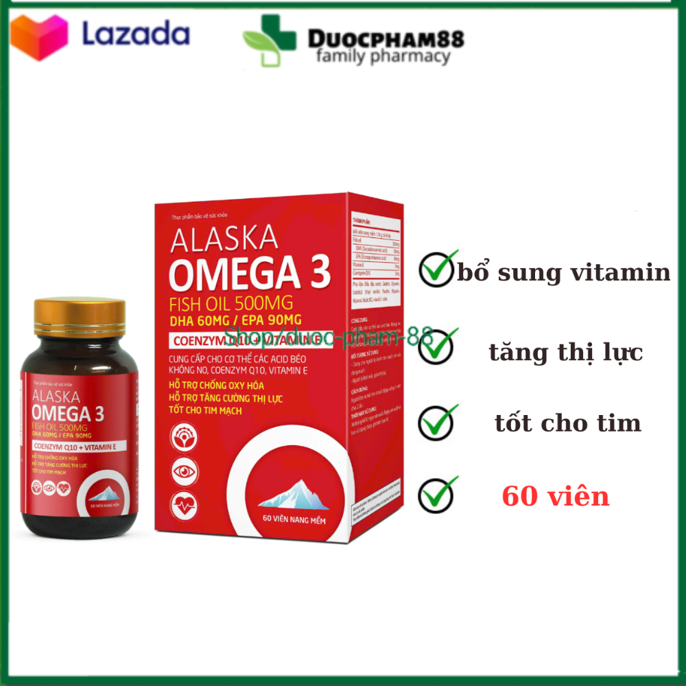Viên uống Alaska Omega 3 Fish Oil 500MG giúp tăng cường thị lực, tốt cho tim mạch hộp 60 viên