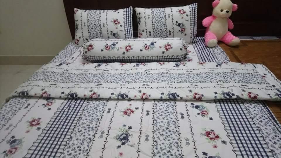 Bộ drap cotton Thắng Lợi gồm 1 dra + 1 chăn chần bông + 3 áo gối
