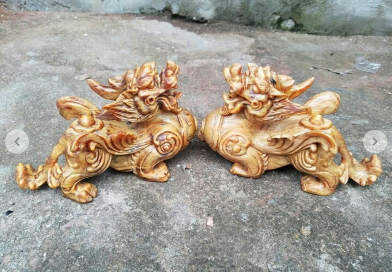 Cặp Tỳ Hưu Phong thủy tài lộc gỗ Huyết long KT D20xR8XC12cm