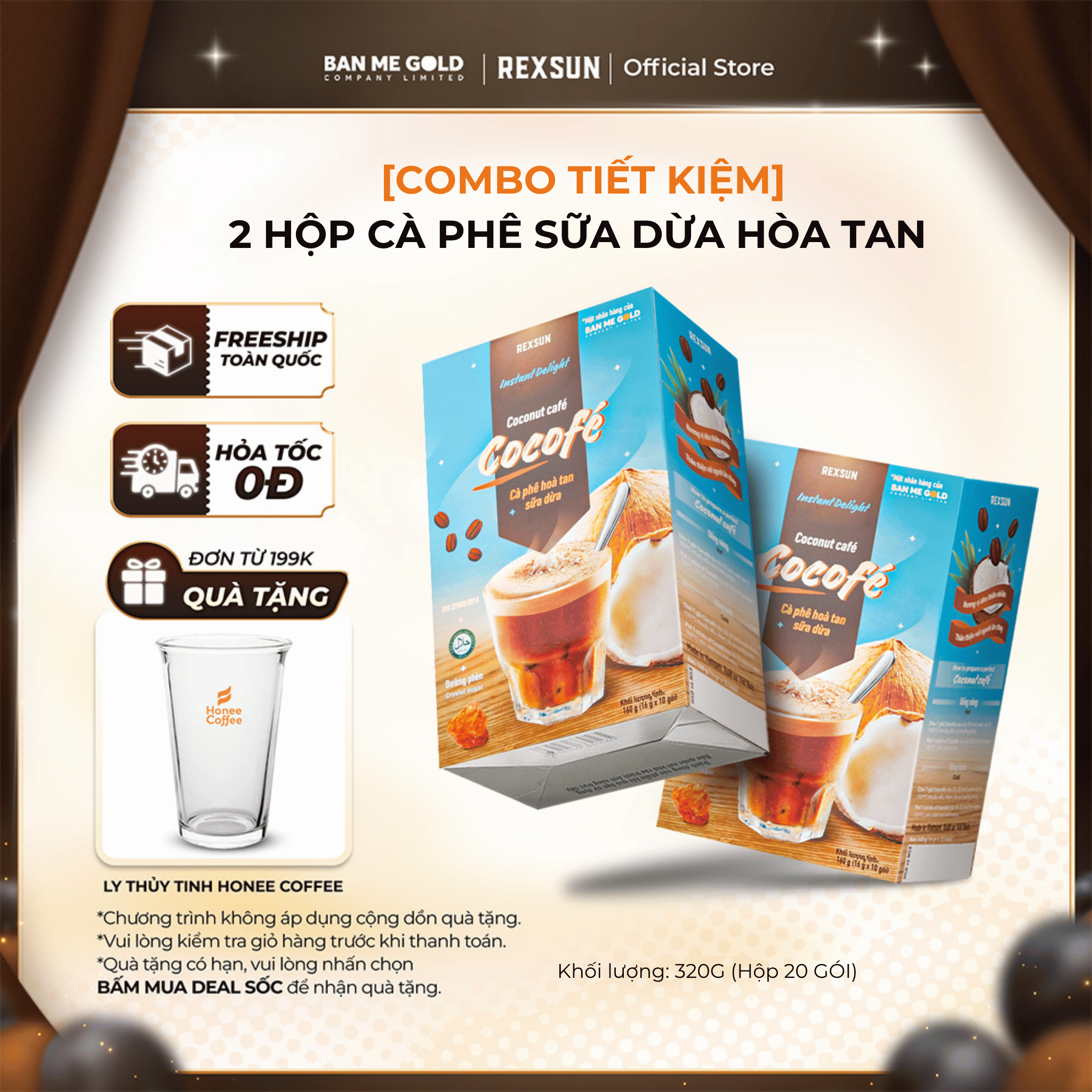   TẶNG QUÀ  Combo 2 Hộp Cà Phê Sữa Dừa Cocofe - Instant Delight  20 Gói  - Coconut Cafe Hòa Tan Ban Me Gold - REXSUN 