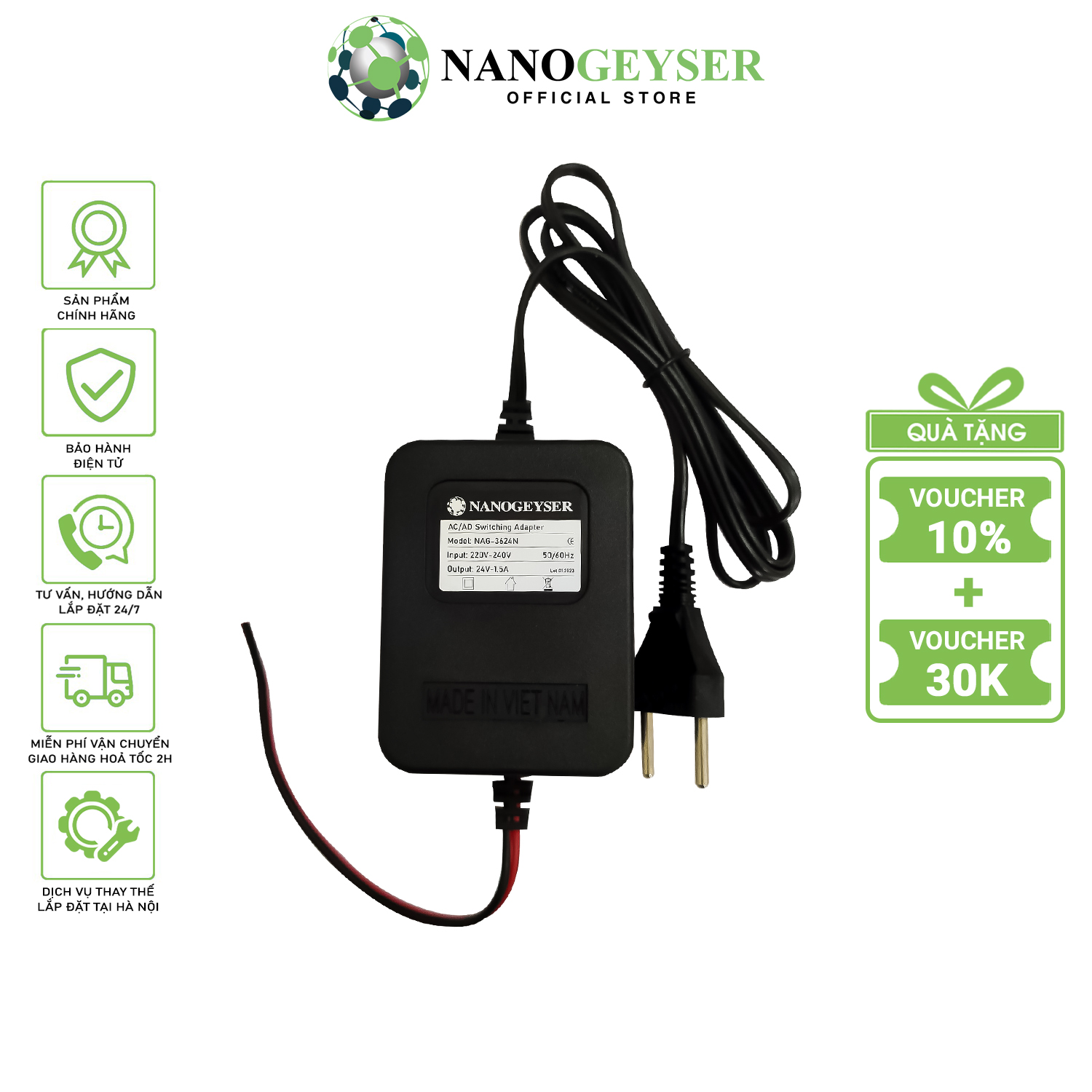 Nguồn máy lọc nước 24V 1.5A Nano Geyser, Bảo hành chính hãng 3 năm