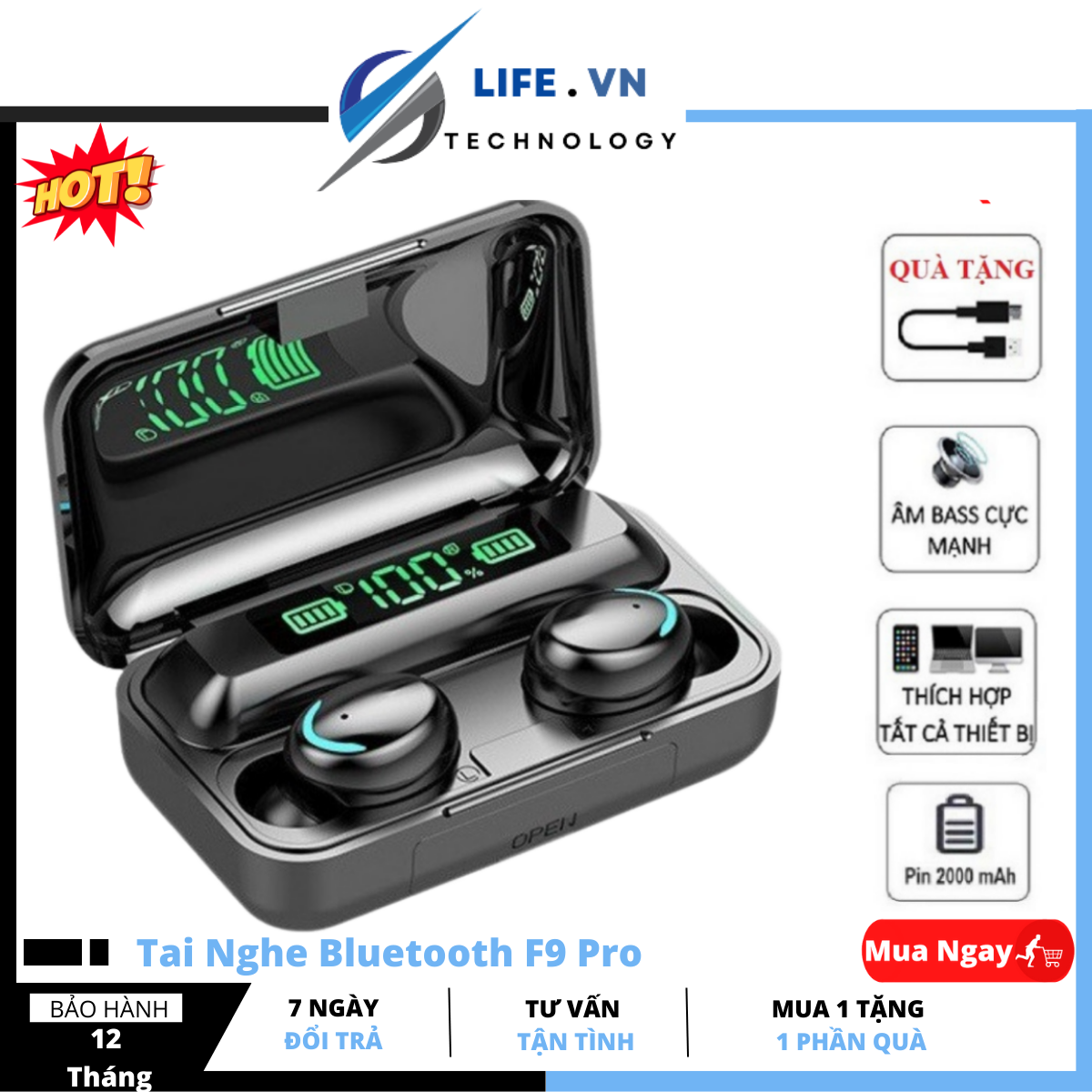 Tai nghe bluetooth giá rẻ -tai nghe bluetooth 5.0 f9 pro true wireless tws kháng nước chống ồn có micro tự động kết nối