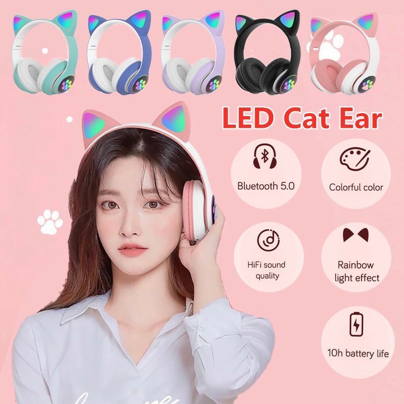 Tai nghe tai mèo kết nối bluetooth dễ thương - tai nghe bluetooth cho nam nữ dễ thương, tai nghe không dây kết nối bluetooth,, tai nghe mèo phát sáng