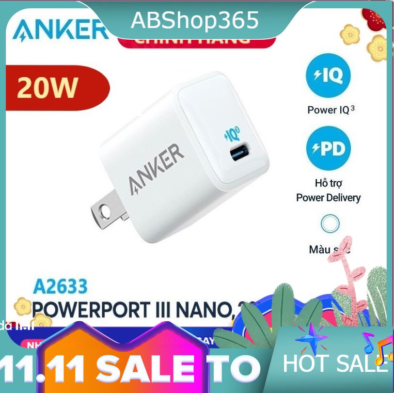 Cốc Sạc ANKER Powerport III Nano 20W 1 cổng USB-C PiQ 3.0 tương thích PD - A2633 - Hỗ trợ sạc nhanh 20W cho iPhone 8 trở lên hshop365 abshop365 abshop hshop
